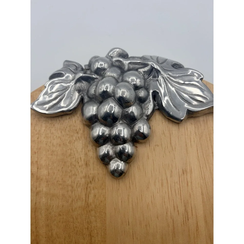 Cutting Board Serving Platter Round Wood Metal Grape Cluster Trim 12